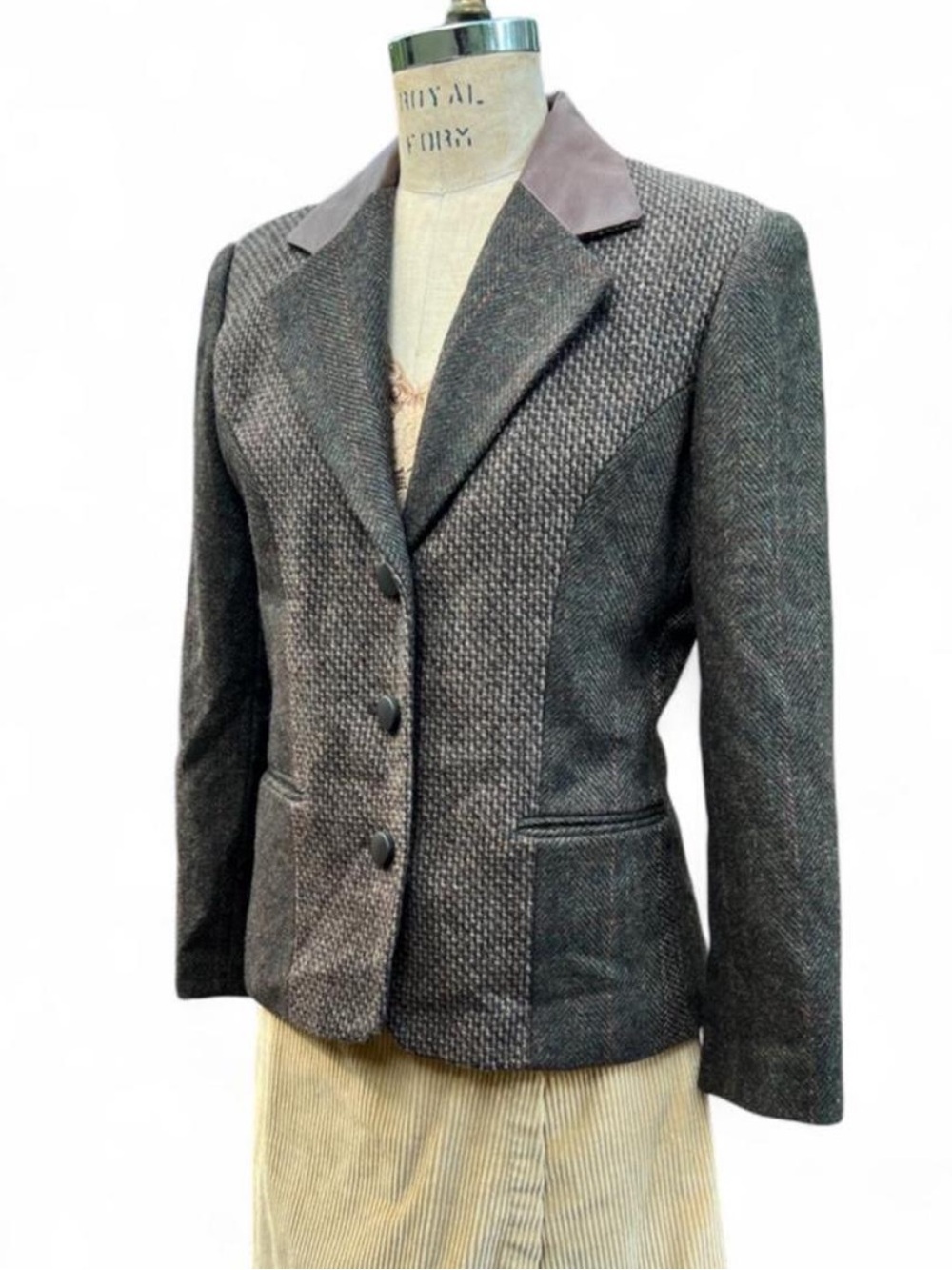 Vintage International Scene Wool Blend Blazer Leather Collar Women’s M